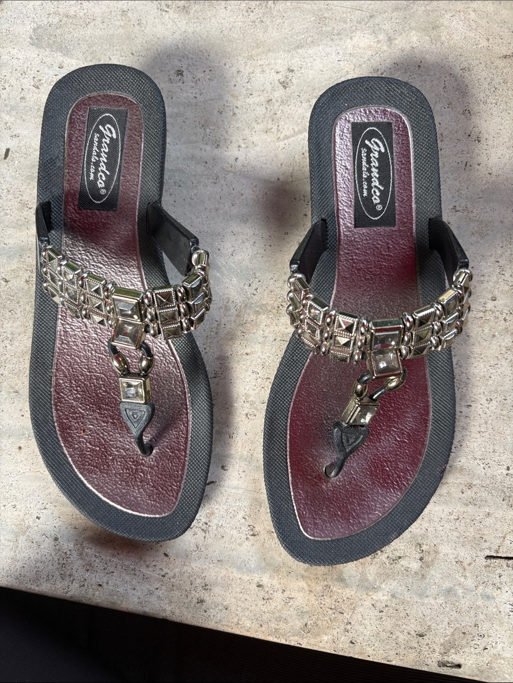 Grana Black Strappy Sandals with Burgundy Footbed and Gold Accents